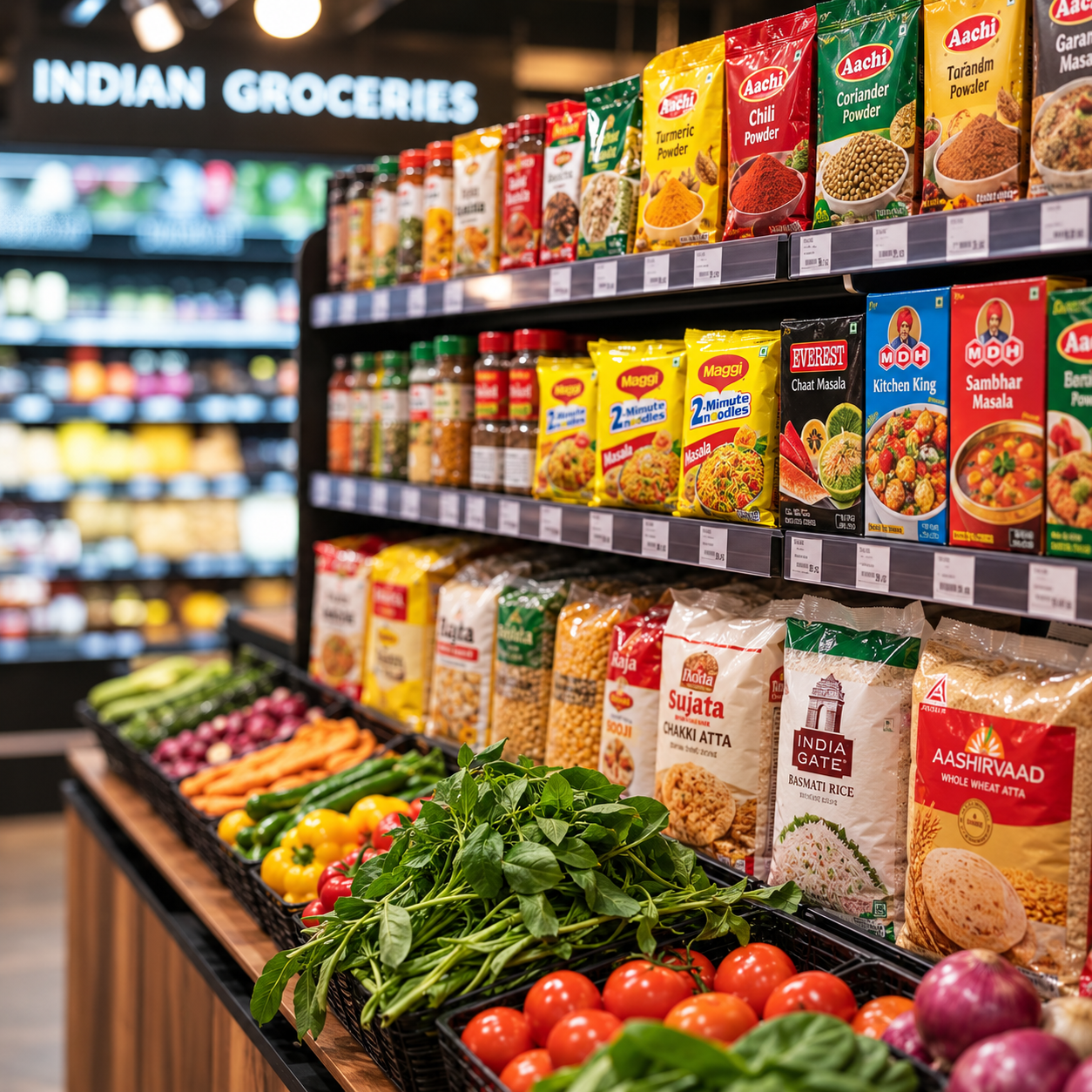 Shelves of Indian groceries at Desi Vibes